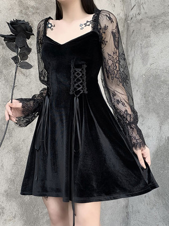 Women's Gothic Dress Black Gothic Korean Velvet Lace Sleeves Retro Dress