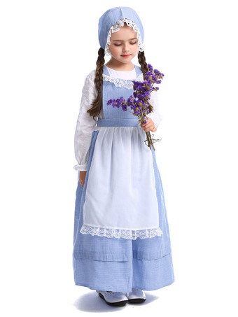 Kids Costume Milkman Girls Cosplay Baby Blue Polyester Apron Hat Dress 3-Piece Set Halloween Farmer Cosplay Costume