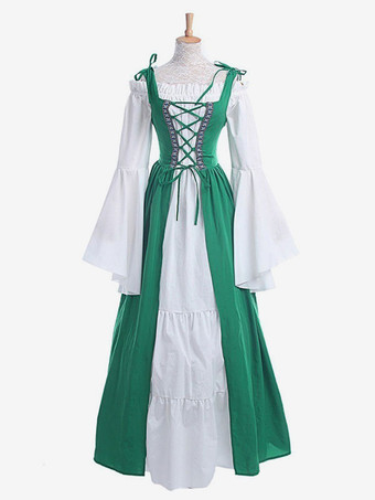 Medieval Vintage Dress Green Layered Long Sleeves Swing Dress Cosplay Costume Halloween