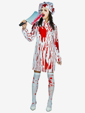 Disfraces de Halloween de chef femenina con sangre zombi